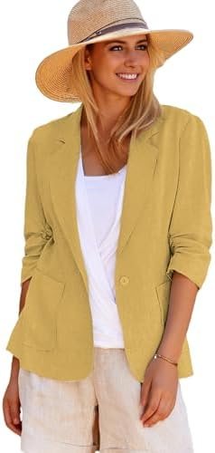 2025 Summer Linen Blazer Women Lightweight 3/4 Stretchy Ruch... 2025 Summer Linen Blazer Women Lightweight 3/4 Stretchy Ruch...