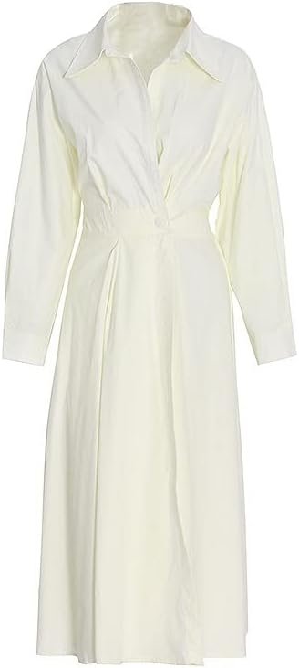 Womens Elegant High Waist Shirt Dress Cotton Linen Elastic L...