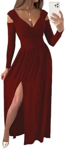 Women Long Sleeve Slit Maxi Long Dresses Deep V Neck Cold Sh...