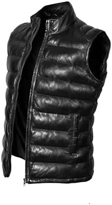 STREGA Puffer Vest Men Real Lambskin Leather Quilted Down Wa...