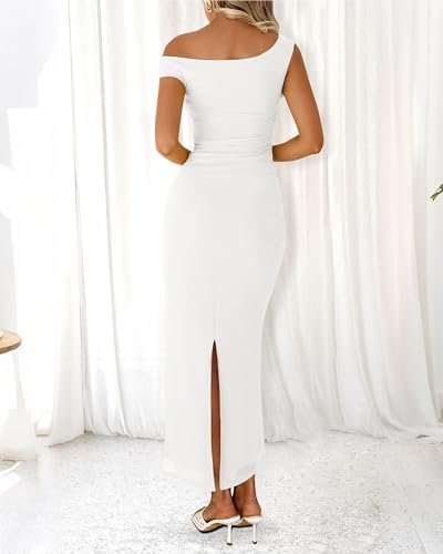 BTFBM Women 2025 Summer One Shoulder Bodycon Ruched Maxi Dre...