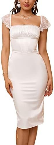 EYNMIN Women's Lace Strap Bodycon Satin Midi Dress Square Ne... EYNMIN Women's Lace Strap Bodycon Satin Midi Dress Square Ne...