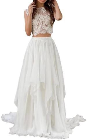 Women's Boho Short Sleeves Lace Wedding Dress Two Piece Scoo...
