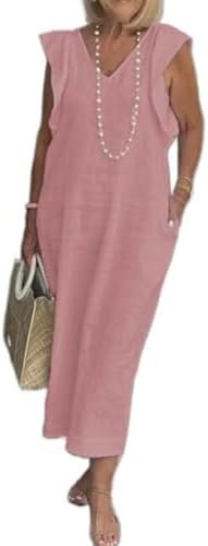 Women Linen Maxi Dress V Neck Ruffle Sleeve Tie Back Women Linen Maxi Dress V Neck Ruffle Sleeve Tie Back Cotton ...