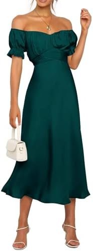 KIRUNDO Women's 2025 Summer Satin Midi Dress Off The Shoulde... KIRUNDO Women's 2025 Summer Satin Midi Dress Off The Shoulde...