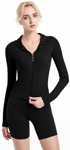 Ribbed Hoodies for Women Lightweight Full Zip Up Jackets Lon...