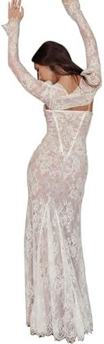 Women Cami Lace Maxi Dress Romantic Long Sleeve Lace Bodycon...