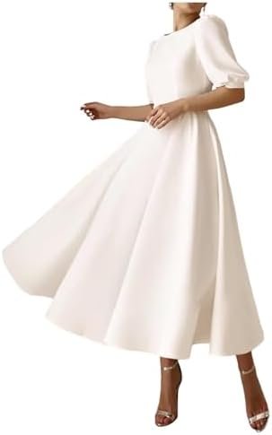 Women's Tea Length Wedding Dresses for Bride Satin Simple A ...