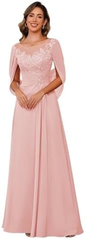 Lace Long Mother Dress for Women with Pleated Sequin Cape Sc...