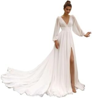 Beach Long Sleeve Wedding Dresses for Bride V Neck Empire Beach Long Sleeve Wedding Dresses for Bride V Neck Empire Wa...