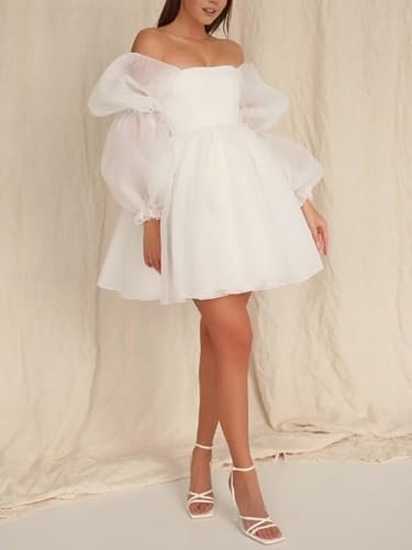 Women's Short Long Sleeves Wedding Dresses for Bride Tulle M...