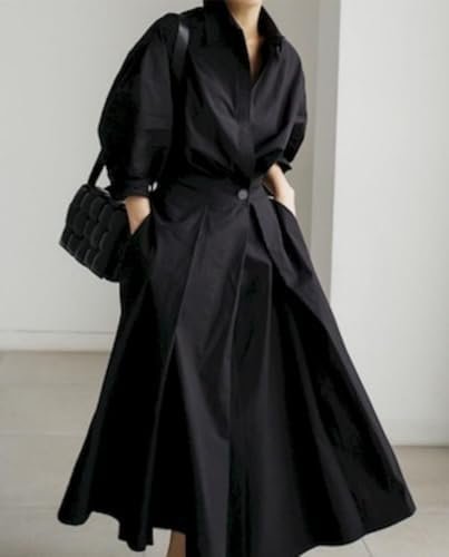 Shirt Dresses for Women Long Sleeve Button Lapel Cotton Line...