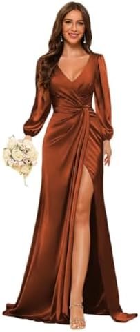 YMSHA Mermaid Satin Bridesmaid Dresses with Slit Long Sleeve... YMSHA Mermaid Satin Bridesmaid Dresses with Slit Long Sleeve...
