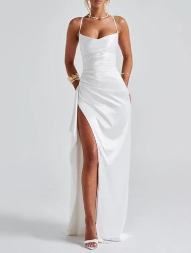 Women's Spaghetti Straps Prom Dress Sleeveless Satin Pleated...