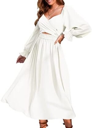Women Tie Back Long Puff Sleeve Dress Sage Ruffle Wrap Women Tie Back Long Puff Sleeve Dress Sage Ruffle Wrap Rever...