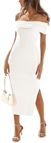 MEROKEETY Women's 2025 Off Shoulder Bodycon Midi Dress Summe...