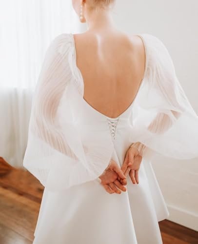 Women's Satin Short Wedding Dresses for Bride Puffy Long Sle...