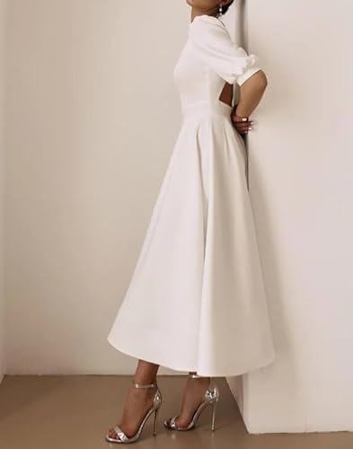 Women's Tea Length Wedding Dresses for Bride Satin Simple A ...