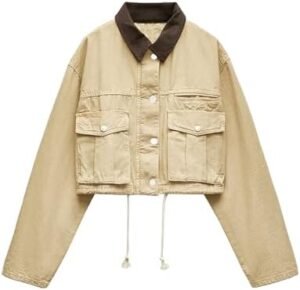 Womens Cropped Jacket Contrast Collar Utility Coat Cargo Jac... Womens Cropped Jacket Contrast Collar Utility Coat Cargo Jac...