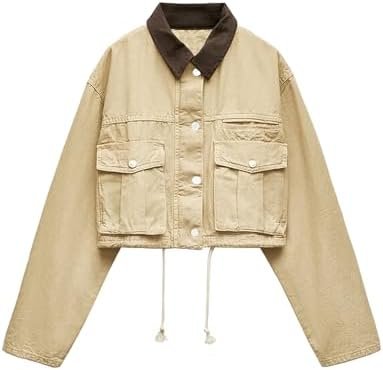 Womens Cropped Jacket Contrast Collar Utility Coat Cargo Jac...