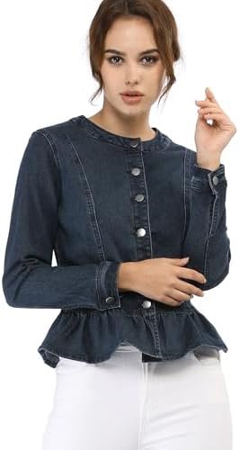 Allegra K Women's Peplum Denim Jackets Collarless Round Neck... Allegra K Women's Peplum Denim Jackets Collarless Round Neck...