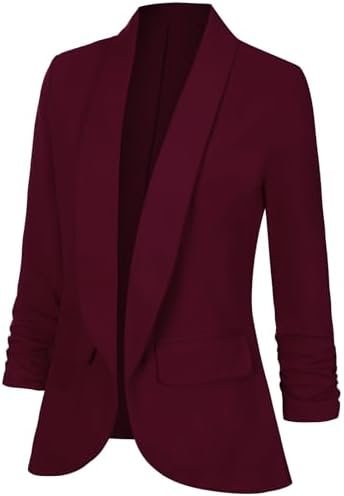 Women's Casual Open Front Blazers Shawl Lapel Ruched 3/4 Sle...