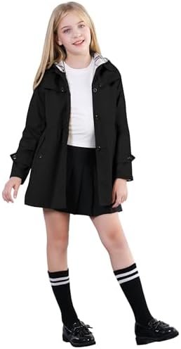 Cromoncent Girl's Waterproof Hoodie Trench Coat Cute Dress C...