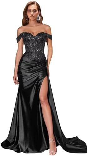 Women's Off The Shoulder Satin Bridesmaid Dresses Long Slit ... Women's Off The Shoulder Satin Bridesmaid Dresses Long Slit ...