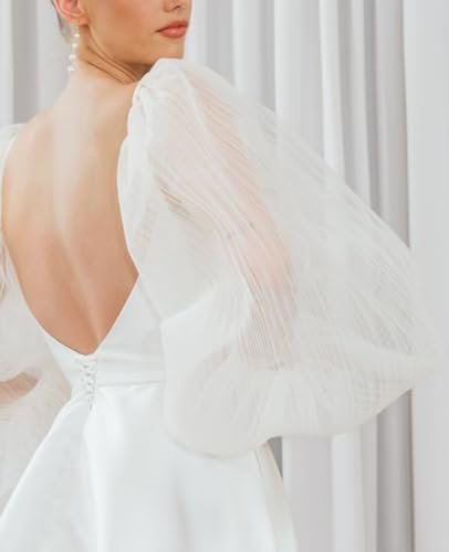 Women's Satin Short Wedding Dresses for Bride Puffy Long Sle...