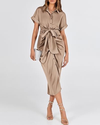 BTFBM 2025 Women Button Down Ruched Shirt Dresses Short Slee...