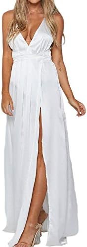 Women's Satin Formal Dress Sexy V Neck Backless Split Long Women's Satin Formal Dress Sexy V Neck Backless Split Long M...