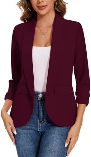 Women's Casual Open Front Blazers Shawl Lapel Ruched 3/4 Sle...
