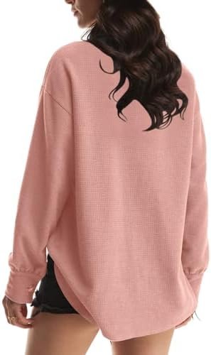 Yanekop Waffle Knit Button Down Shirt Womens Shacket Oversiz...