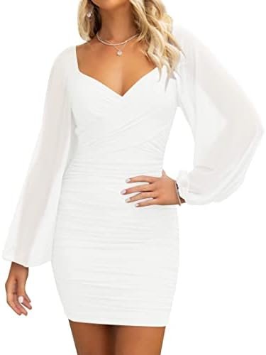 ZESICA Women's Sexy V Neck Ruched Bodycon Mini Dress Puff Lo...