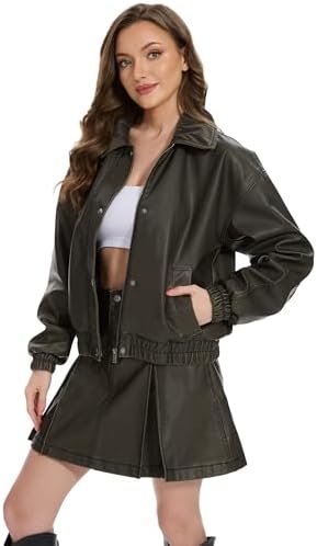 Fahsyee Women's Faux Leather Jacket Oversized Moto Biker Coa...