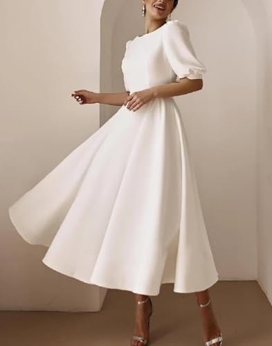 Women's Tea Length Wedding Dresses for Bride Satin Simple A ...