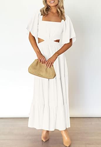 LEANI Women's 2025 Summer Cutout Maxi Dress Square Neck Shor...