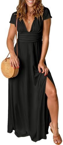 ANRABESS Women's Deep V Neck Short Sleeve Long Dresses Pleat... ANRABESS Women's Deep V Neck Short Sleeve Long Dresses Pleat...