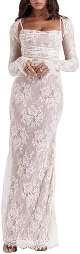 Women Cami Lace Maxi Dress Romantic Long Sleeve Lace Bodycon...
