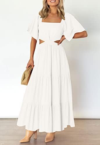 LEANI Women's 2025 Summer Cutout Maxi Dress Square Neck Shor...