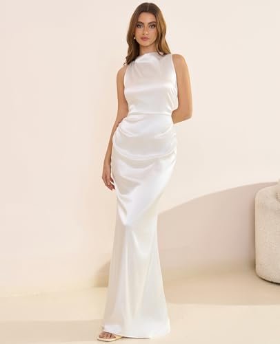 GLNEGE Women's Satin Mock Neck Maxi Formal Dresses Elegant S...