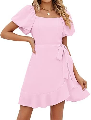 SAMPEEL Womens Summer Dresses Square Neck Puff Sleeve Tie Wa...