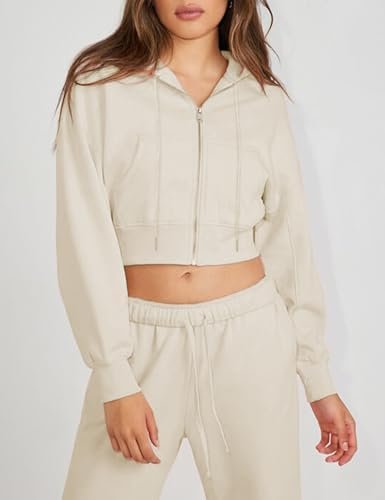Hooever Womens Cute Workout Cropped Zip Up Drawstring Hoodie...