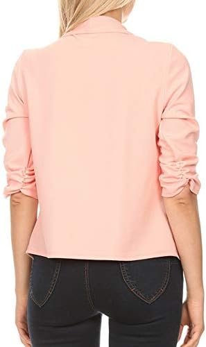 Women's Stretch 3/4 Gathered Sleeve Open Blazer Jacket