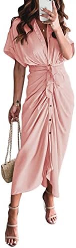 Women Elegant Satin Button Down Short Sleeve Maxi Shirt Dres... Women Elegant Satin Button Down Short Sleeve Maxi Shirt Dres...