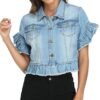 MISS MOLY Women's Denim Jacket Ruffle Sleeve Button Down Dis...