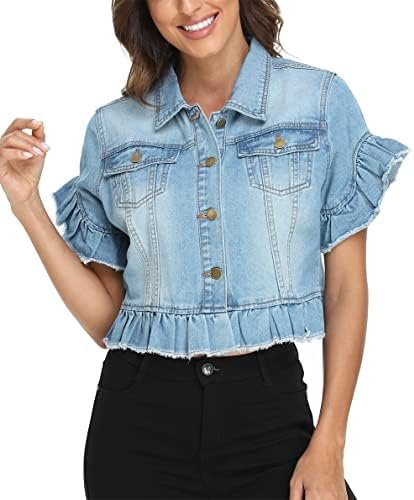 MISS MOLY Women's Denim Jacket Ruffle Sleeve Button Down Dis...