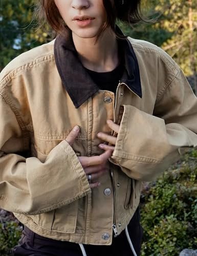 Womens Cropped Jacket Contrast Collar Utility Coat Cargo Jac...