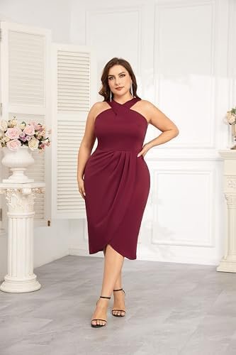 Theenkoln Plus Size Cocktail Dresses:Halterneck Sleeveless S...