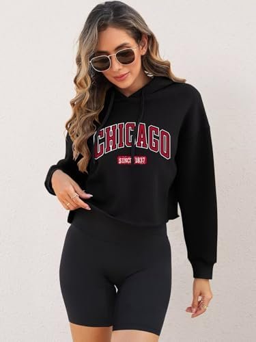 ORANDESIGNE Woman Letter Graphic Print Cropped Hoodie Long S...